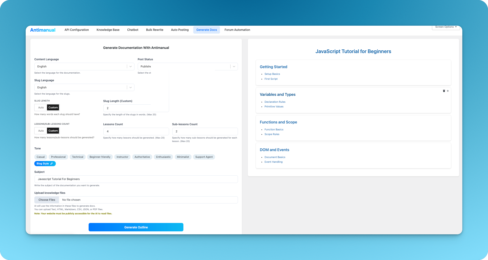 Generate Documentation with Antimanual in WordPress