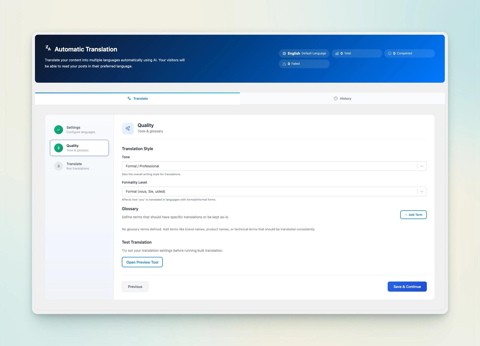 Antimanual AI translation quality step with tone, formality level, glossary and preview tool