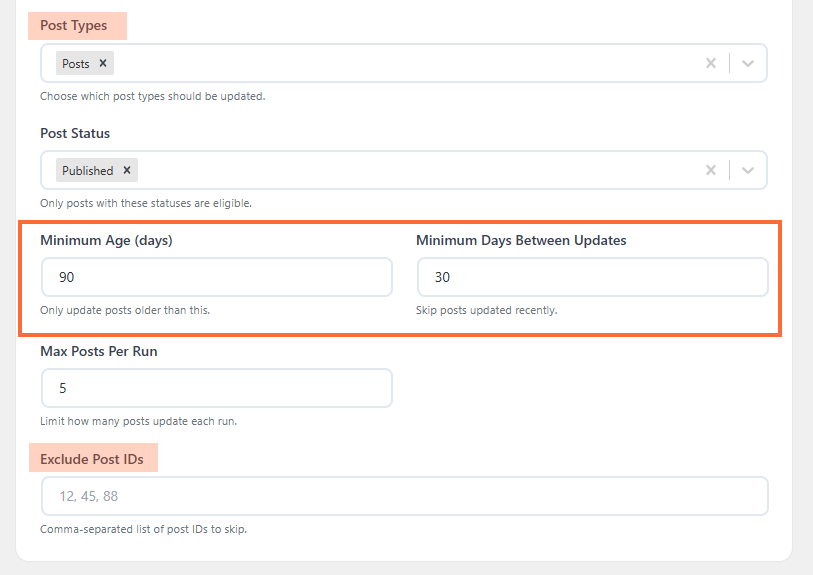 Antimanual Auto Update filters for post types, post status, minimum age in days, minimum days between updates, max posts per run and excluded post IDs