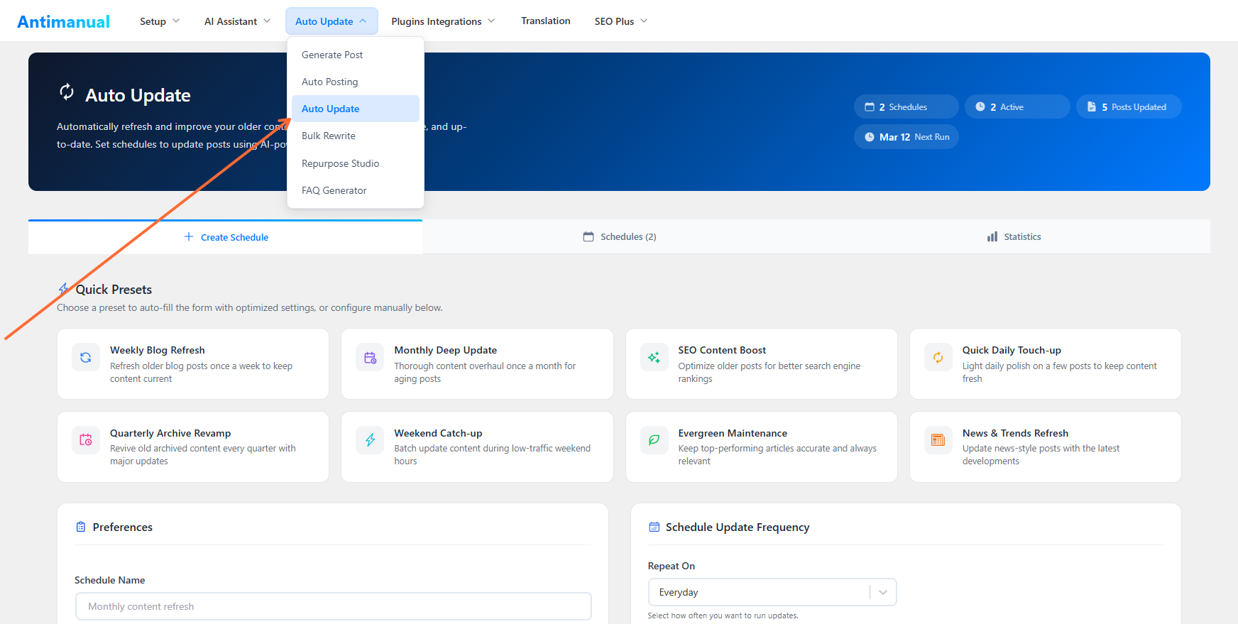 Antimanual Auto Update screen with quick presets such as Weekly Blog Refresh, Monthly Deep Update and Evergreen Maintenance to update old blog posts