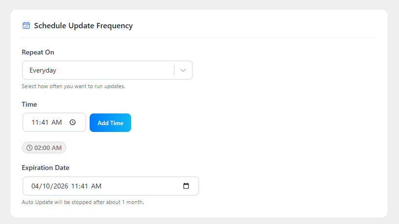Antimanual Schedule Update Frequency panel with Repeat On, run times and an expiration date for automatic content updates