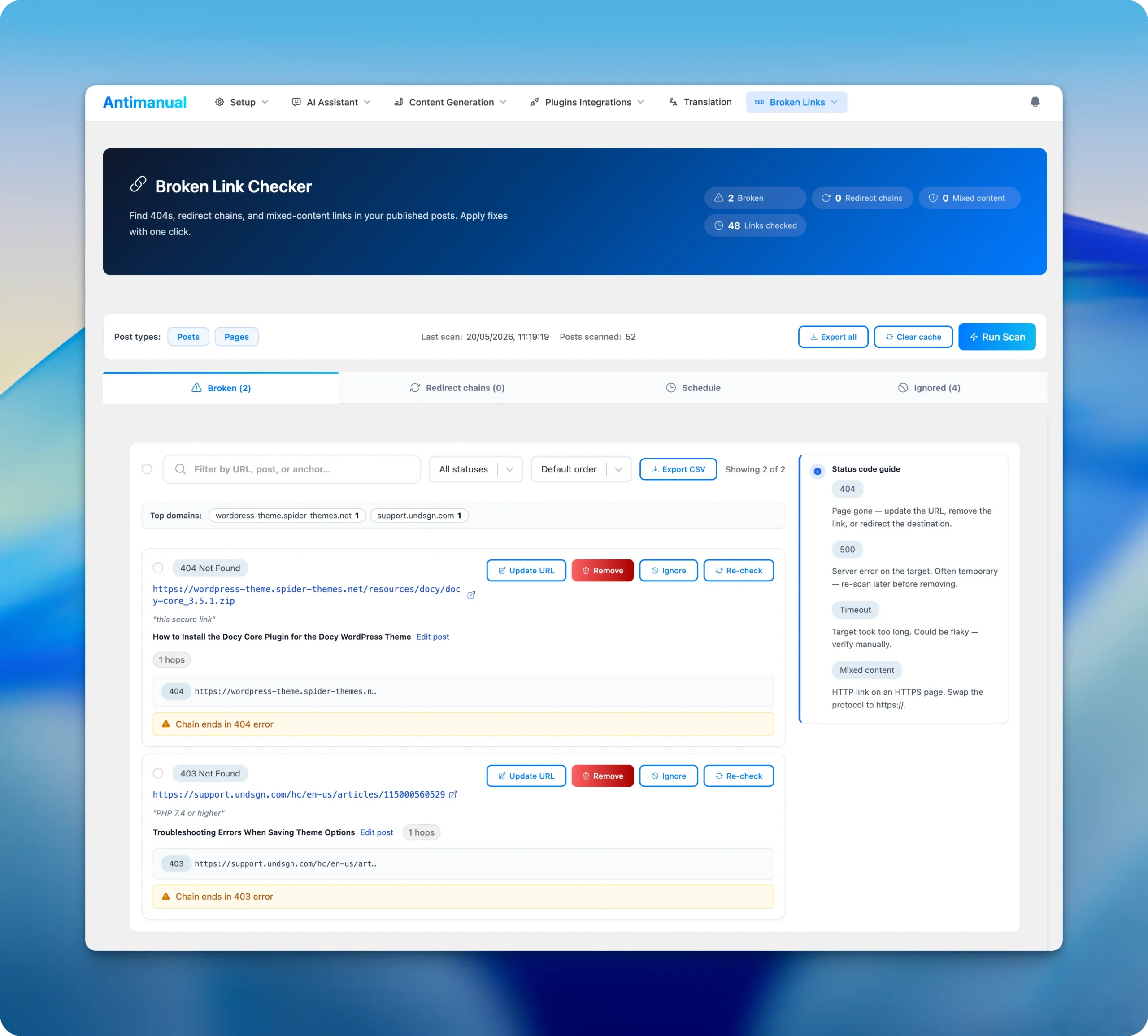 Antimanual Broken Link Checker dashboard showing 404 broken links with Update URL, Remove, Ignore and Re-check actions to fix broken links in WordPress