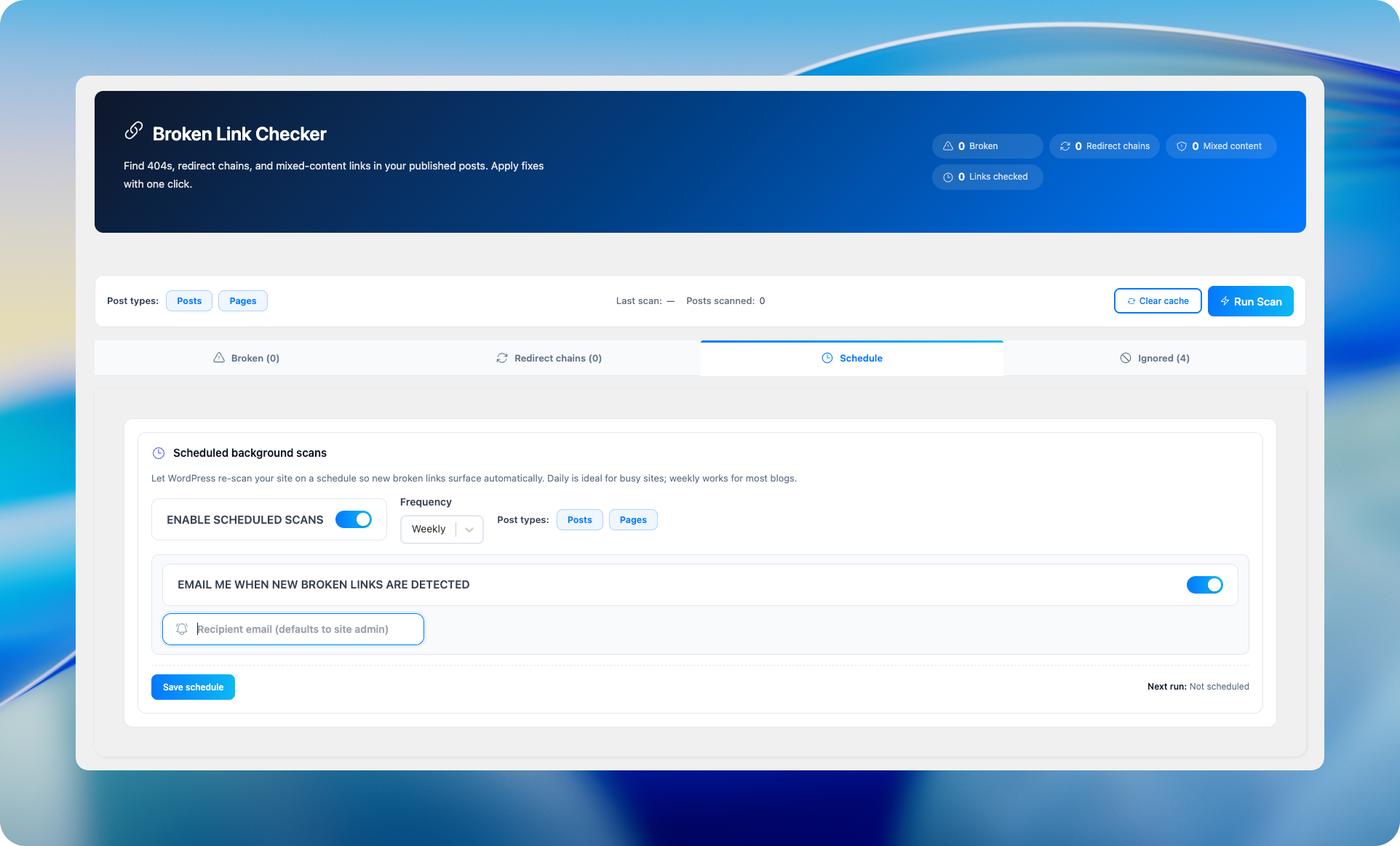Antimanual Broken Link Checker Schedule tab with scheduled background scans, weekly frequency, post types and email alerts for new broken links