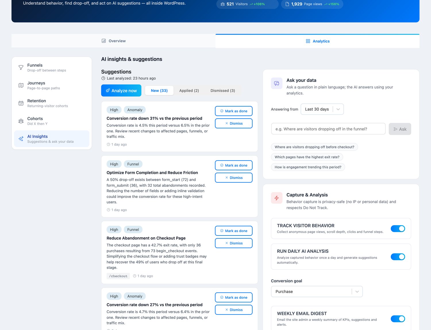 Antimanual AI Insights panel with prioritized conversion suggestions, Ask your data box and capture settings