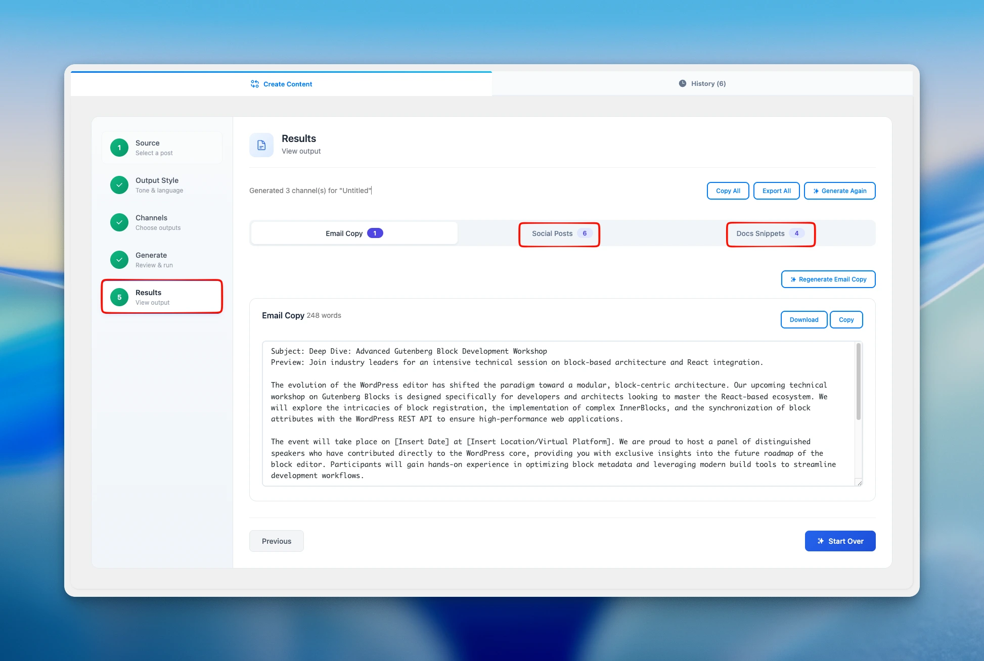 Antimanual Repurpose Studio results organized by channel with copy, export and regenerate options