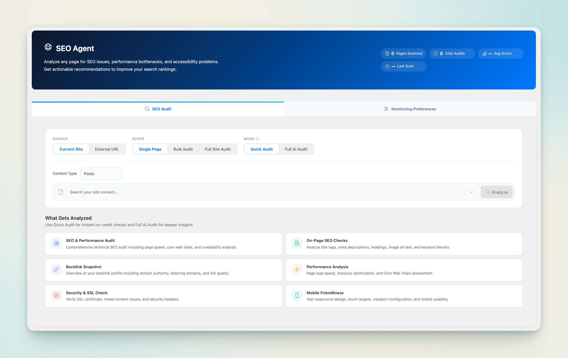 Antimanual SEO Agent dashboard with SEO Audit and Monitoring Preferences tabs for WordPress SEO monitoring