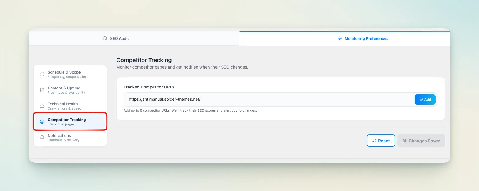 Antimanual competitor tracking settings for monitoring up to five competitor URLs