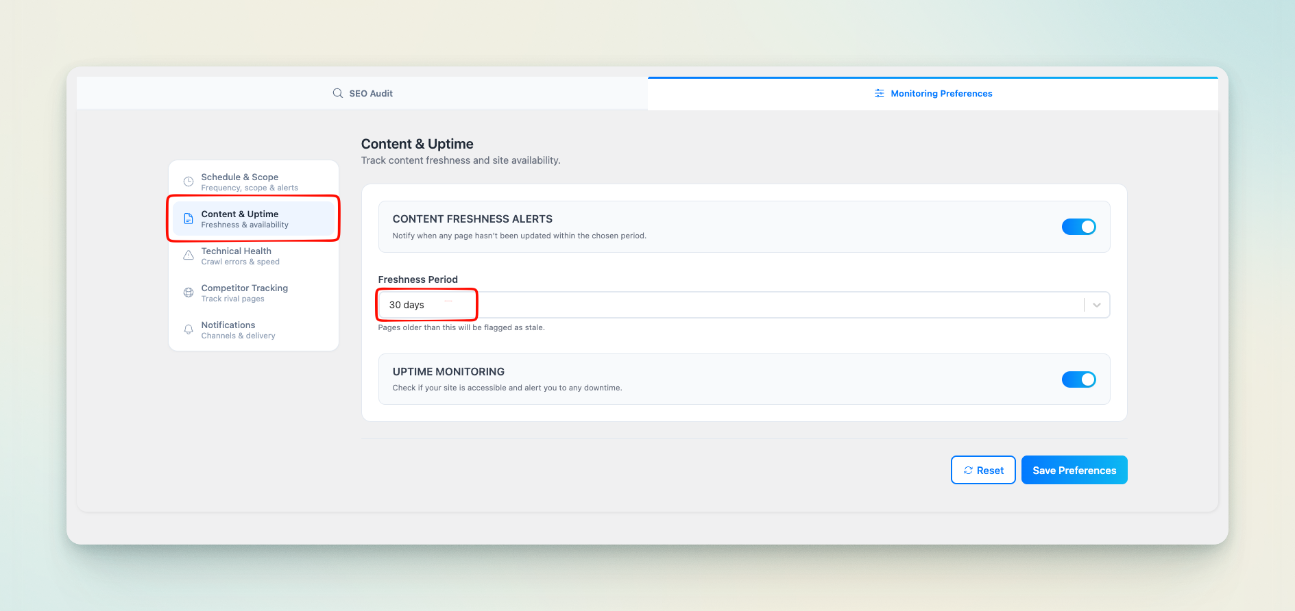 Antimanual content freshness alerts with a 30-day freshness period and uptime monitoring toggle