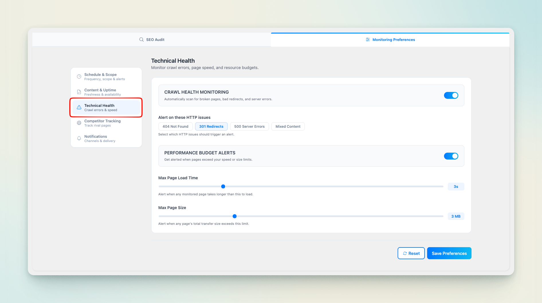 Antimanual technical health monitoring for 404, 301, 500 and mixed content issues with performance budget alerts