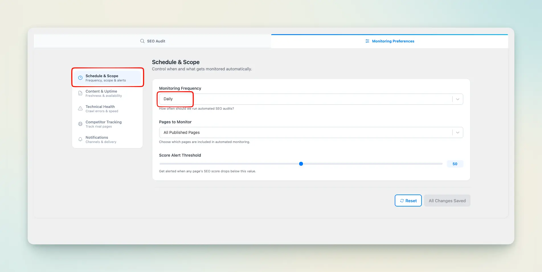 WordPress SEO monitoring schedule and scope settings in Antimanual with frequency, pages to monitor and score alert threshold