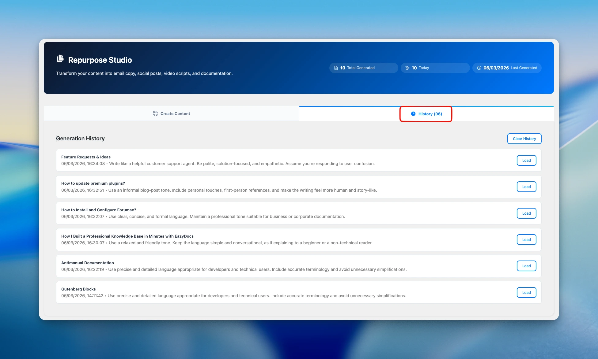 Antimanual Repurpose Studio dashboard to repurpose blog content with AI into email copy, social posts, video scripts and docs